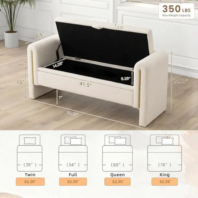 Alt view image 2 of 7 - Modern End of Bed Storage Bench, Teddy Upholstered Ottoman with Arms and Hidden Storage, 52.25" Large Footstool, Comfy Vanity Bench for Living Room,Bedroom, Dorm, Cream
