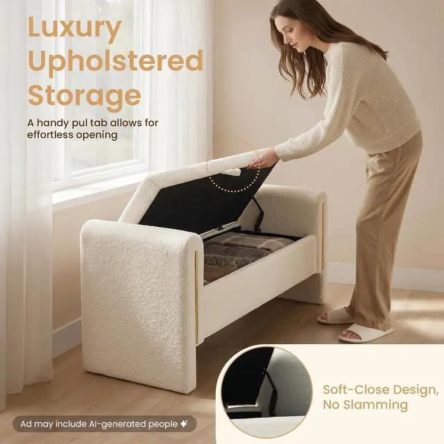 Alt view image 3 of 7 - Modern End of Bed Storage Bench, Teddy Upholstered Ottoman with Arms and Hidden Storage, 52.25" Large Footstool, Comfy Vanity Bench for Living Room,Bedroom, Dorm, Cream