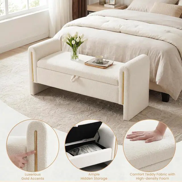 Alt view image 5 of 7 - Modern End of Bed Storage Bench, Teddy Upholstered Ottoman with Arms and Hidden Storage, 52.25" Large Footstool, Comfy Vanity Bench for Living Room,Bedroom, Dorm, Cream