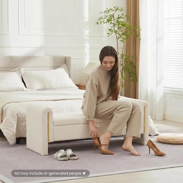Alt view image 7 of 7 - Modern End of Bed Storage Bench, Teddy Upholstered Ottoman with Arms and Hidden Storage, 52.25" Large Footstool, Comfy Vanity Bench for Living Room,Bedroom, Dorm, Cream