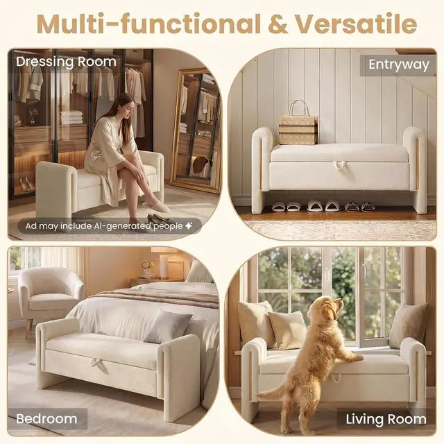 Alt view image 6 of 7 - Modern End of Bed Storage Bench, Teddy Upholstered Ottoman with Arms and Hidden Storage, 52.25" Large Footstool, Comfy Vanity Bench for Living Room,Bedroom, Dorm, Cream
