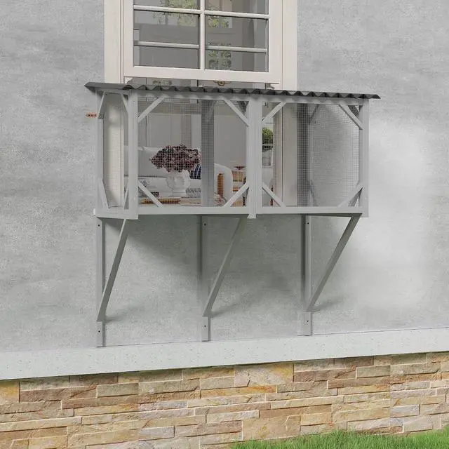 Alt view image 5 of 7 - Catio Outdoor Cat Enclosure Window, 44.5" Wooden Outdoor Cat Window Perch for Indoor Cats, Large Weatherpoof Pet House Cage Condo for Outside Sunbathing, Napping & OverlookingGrey