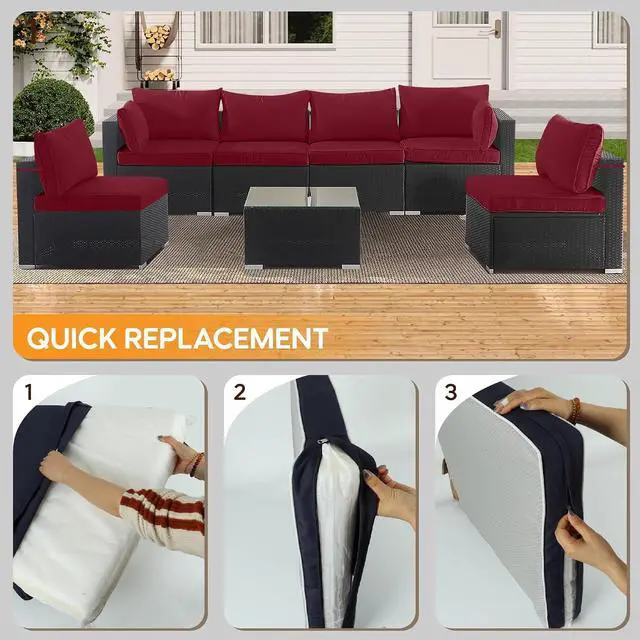 Alt view image 2 of 7 - 14 Pcs Outdoor Couch Cushion Covers Replacement, Waterproof Patio Cushion Slipcover with Zipper, fit for 7Pieces 6-Seater Wicker Rattan Sectional Couch Sofa, Seat and Back Cover Only, Red