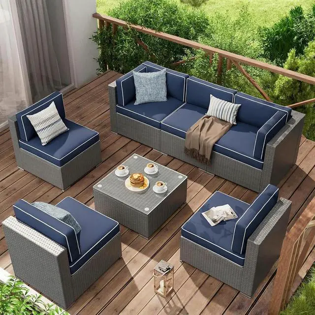 Alt view image 5 of 6 - 14 Pcs Outdoor Couch Cushion Covers Replacement, Waterproof Patio Cushion Slipcover with Zipper, fit for 7Pieces 6-Seater Wicker Rattan Sectional Couch Sofa, Seat and Back Cover Only, Navy Blue
