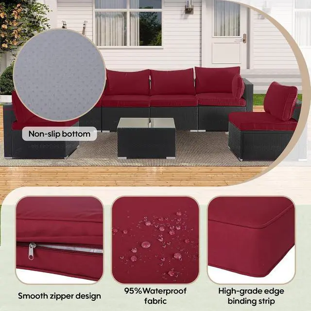 Alt view image 3 of 7 - 14 Pcs Outdoor Couch Cushion Covers Replacement, Waterproof Patio Cushion Slipcover with Zipper, fit for 7Pieces 6-Seater Wicker Rattan Sectional Couch Sofa, Seat and Back Cover Only, Red