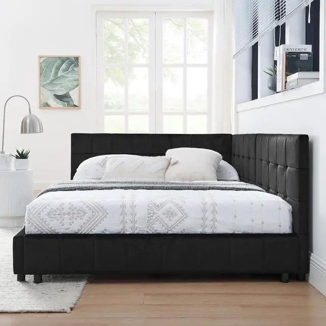 Alt view image 3 of 7 - Full Size Upholstered Daybed with High Headboard, Soft Velvet Upholstered Day Bed Frame with Comfortable Left Armrests, L Shaped Tufted Corner Sofa Bed for Bedroom, Living Room, Black