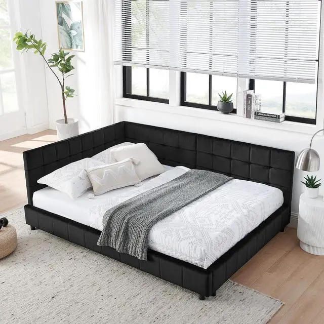 Main image of Full Size Upholstered Daybed with High Headboard, Soft Velvet Upholstered Day Bed Frame with Comfortable Left Armrests, L Shaped Tufted Corner Sofa Bed for Bedroom, Living Room, Black