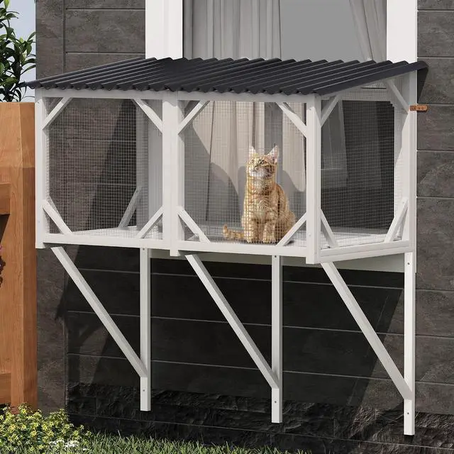 Main image of Catio Outdoor Cat Enclosure Window, 44.5" Wooden Outdoor Cat Window Perch for Indoor Cats, Large Weatherpoof Pet House Cage Condo for Outside Sunbathing, Napping & OverlookingAncient White