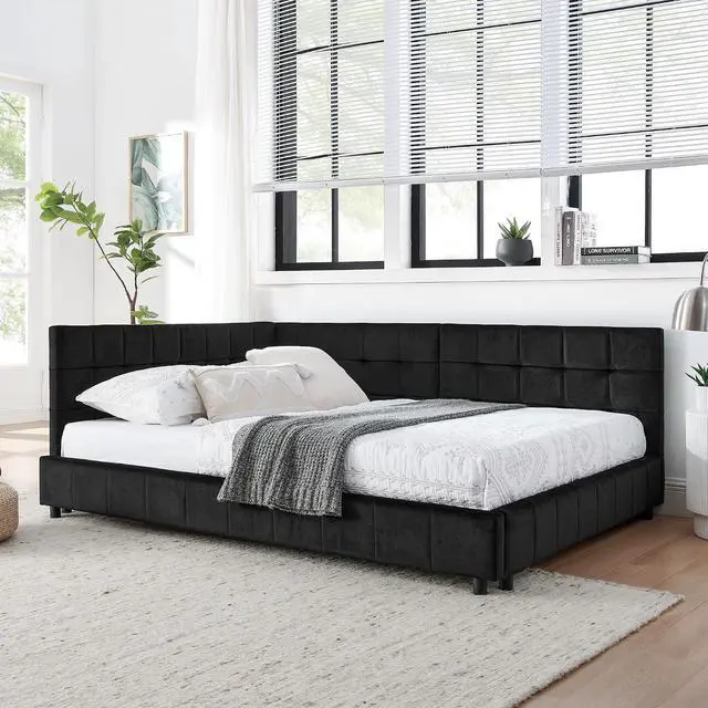 Alt view image 4 of 7 - Full Size Upholstered Daybed with High Headboard, Soft Velvet Upholstered Day Bed Frame with Comfortable Left Armrests, L Shaped Tufted Corner Sofa Bed for Bedroom, Living Room, Black