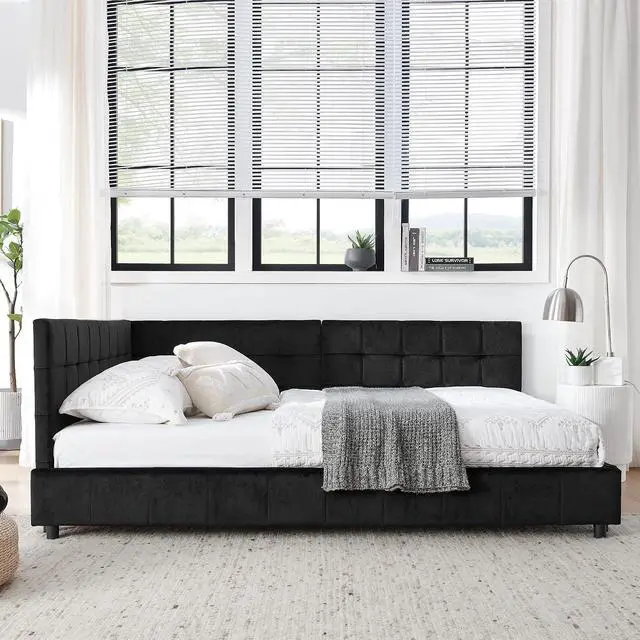 Alt view image 5 of 7 - Full Size Upholstered Daybed with High Headboard, Soft Velvet Upholstered Day Bed Frame with Comfortable Left Armrests, L Shaped Tufted Corner Sofa Bed for Bedroom, Living Room, Black
