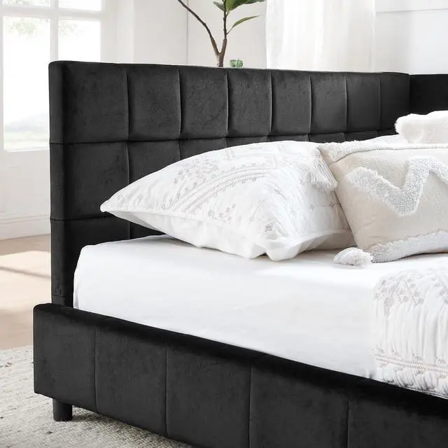 Alt view image 7 of 7 - Full Size Upholstered Daybed with High Headboard, Soft Velvet Upholstered Day Bed Frame with Comfortable Left Armrests, L Shaped Tufted Corner Sofa Bed for Bedroom, Living Room, Black