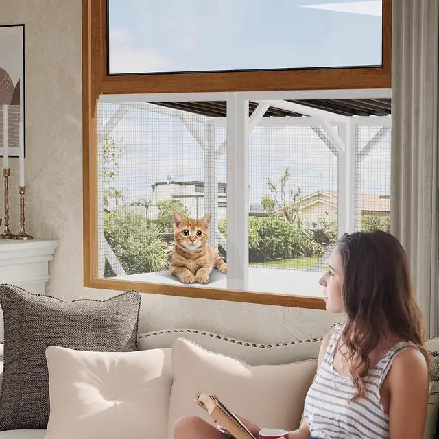 Alt view image 3 of 7 - Catio Outdoor Cat Enclosure Window, 44.5" Wooden Outdoor Cat Window Perch for Indoor Cats, Large Weatherpoof Pet House Cage Condo for Outside Sunbathing, Napping & OverlookingAncient White