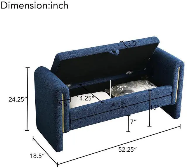 Alt view image 2 of 7 - Modern End of Bed Storage Bench, Teddy Upholstered Ottoman with Arms and Hidden Storage, 52.25" Large Footstool, Comfy Vanity Bench for Living Room,Bedroom, Dorm, Navy Blue