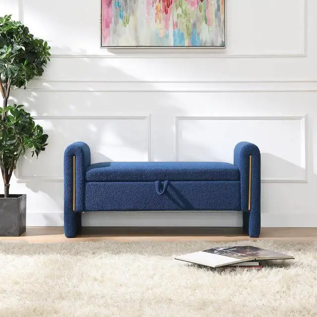 Alt view image 4 of 7 - Modern End of Bed Storage Bench, Teddy Upholstered Ottoman with Arms and Hidden Storage, 52.25" Large Footstool, Comfy Vanity Bench for Living Room,Bedroom, Dorm, Navy Blue