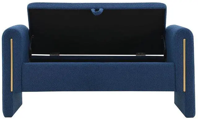 Alt view image 6 of 7 - Modern End of Bed Storage Bench, Teddy Upholstered Ottoman with Arms and Hidden Storage, 52.25" Large Footstool, Comfy Vanity Bench for Living Room,Bedroom, Dorm, Navy Blue