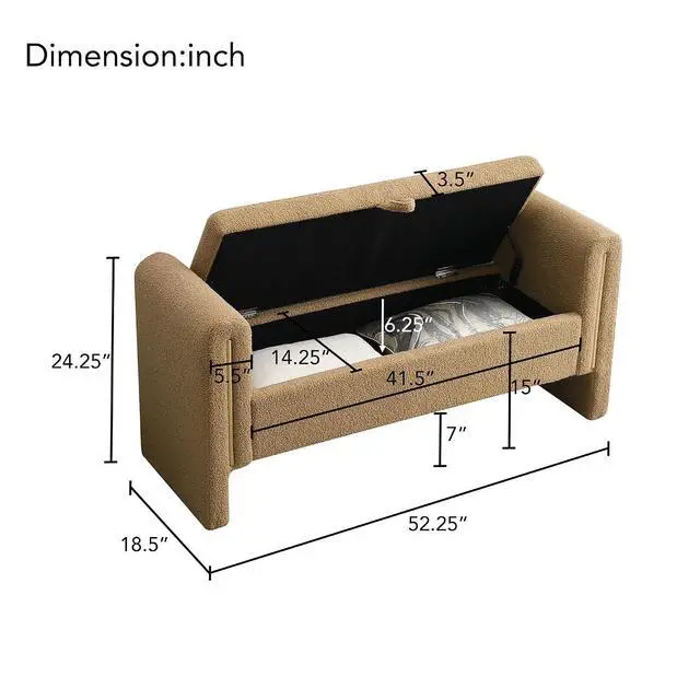 Alt view image 2 of 7 - Modern End of Bed Storage Bench, Teddy Upholstered Ottoman with Arms and Hidden Storage, 52.25" Large Footstool, Comfy Vanity Bench for Living Room,Bedroom, Dorm, Coffee