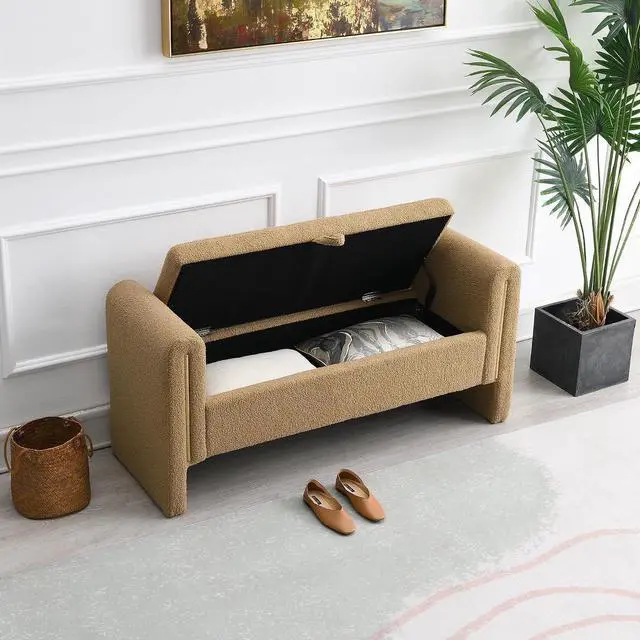 Main image of Modern End of Bed Storage Bench, Teddy Upholstered Ottoman with Arms and Hidden Storage, 52.25" Large Footstool, Comfy Vanity Bench for Living Room,Bedroom, Dorm, Coffee