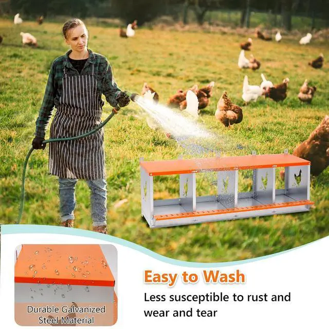 Alt view image 5 of 7 - Chicken Nesting Boxes, 4 Compartments Wall Mount Chicken Laying Boxes for Hens/Ducks, Metal Nest Box, Easy Egg Collection & Assembly, Large Vented Galvanized Steel Chicken Coop Equipment, Orange