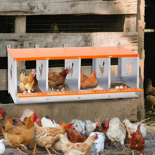 Alt view image 7 of 7 - Chicken Nesting Boxes, 4 Compartments Wall Mount Chicken Laying Boxes for Hens/Ducks, Metal Nest Box, Easy Egg Collection & Assembly, Large Vented Galvanized Steel Chicken Coop Equipment, Orange