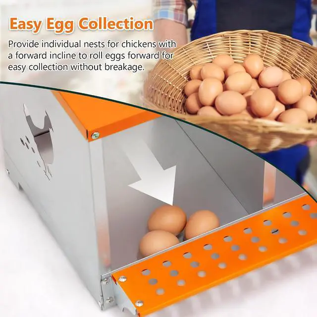 Alt view image 6 of 7 - Chicken Nesting Boxes, 4 Compartments Wall Mount Chicken Laying Boxes for Hens/Ducks, Metal Nest Box, Easy Egg Collection & Assembly, Large Vented Galvanized Steel Chicken Coop Equipment, Orange