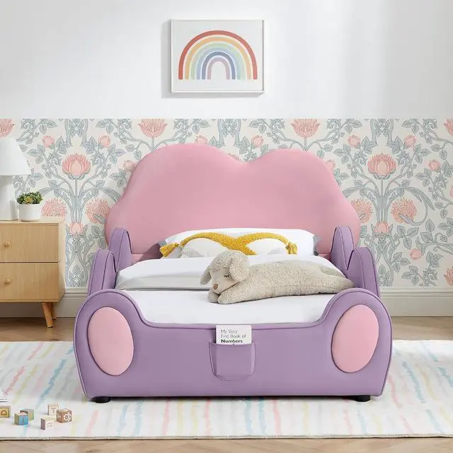 Alt view image 3 of 7 - Twin Size Floor Bed with Cute Cloud Shape, PU Leather Upholstered Platform Bed with Guardrails, Single Bedframe with Cartoon Design Safety Rail and Storage Pocket, Purple&Pink