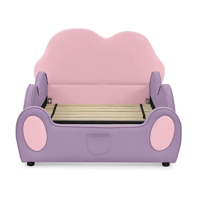 Alt view image 5 of 7 - Twin Size Floor Bed with Cute Cloud Shape, PU Leather Upholstered Platform Bed with Guardrails, Single Bedframe with Cartoon Design Safety Rail and Storage Pocket, Purple&Pink