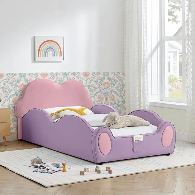Alt view image 4 of 7 - Twin Size Floor Bed with Cute Cloud Shape, PU Leather Upholstered Platform Bed with Guardrails, Single Bedframe with Cartoon Design Safety Rail and Storage Pocket, Purple&Pink