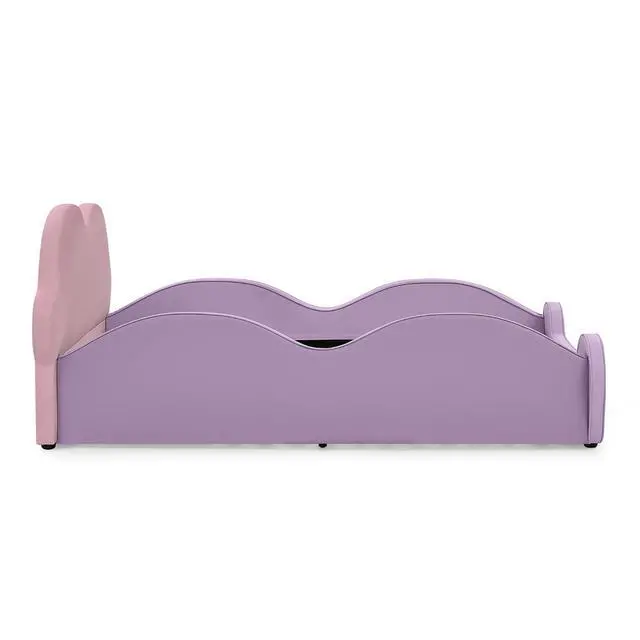 Alt view image 6 of 7 - Twin Size Floor Bed with Cute Cloud Shape, PU Leather Upholstered Platform Bed with Guardrails, Single Bedframe with Cartoon Design Safety Rail and Storage Pocket, Purple&Pink
