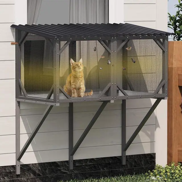 Main image of Catio Outdoor Cat Enclosure Window, 44.5" Wooden Outdoor Cat Window Perch for Indoor Cats, Large Weatherpoof Pet House Cage Condo for Outside Sunbathing, Napping & OverlookingAntique Gray
