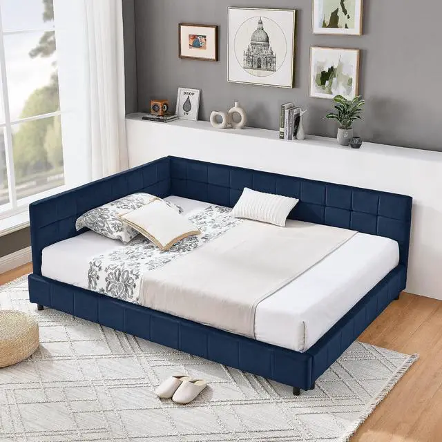 Main image of Full Size Upholstered Daybed with High Headboard, Soft Velvet Upholstered Day Bed Frame with Comfortable Left Armrests, L Shaped Tufted Corner Sofa Bed for Bedroom, Living Room, Dark Blue