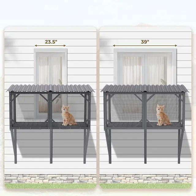Alt view image 4 of 7 - Catio Outdoor Cat Enclosure Window, 44.5" Wooden Outdoor Cat Window Perch for Indoor Cats, Large Weatherpoof Pet House Cage Condo for Outside Sunbathing, Napping & OverlookingAntique Gray