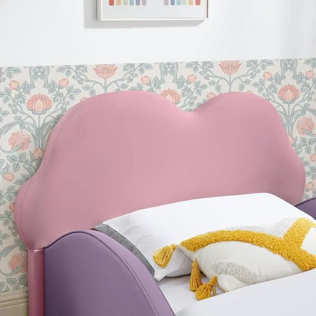 Alt view image 7 of 7 - Twin Size Floor Bed with Cute Cloud Shape, PU Leather Upholstered Platform Bed with Guardrails, Single Bedframe with Cartoon Design Safety Rail and Storage Pocket, Purple&Pink