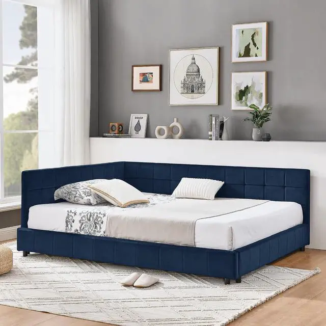 Alt view image 3 of 7 - Full Size Upholstered Daybed with High Headboard, Soft Velvet Upholstered Day Bed Frame with Comfortable Left Armrests, L Shaped Tufted Corner Sofa Bed for Bedroom, Living Room, Dark Blue