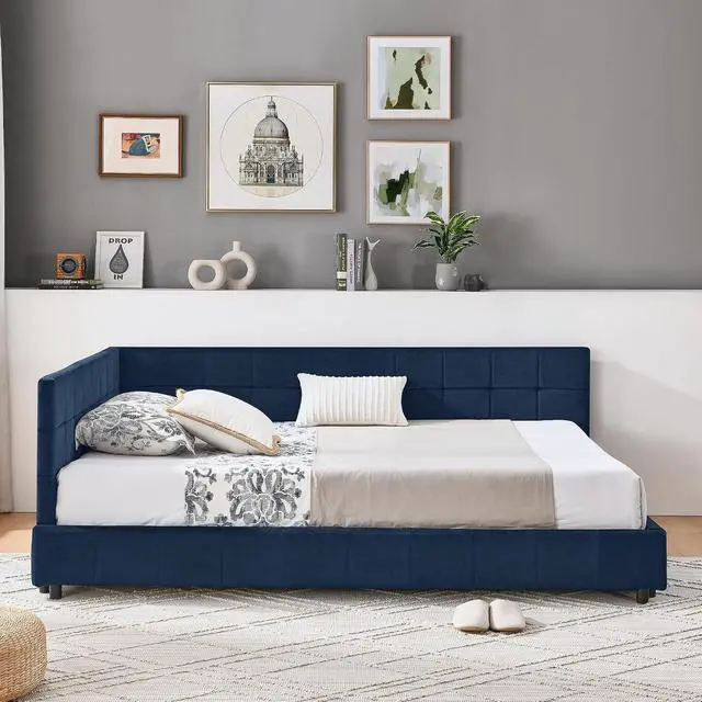 Alt view image 4 of 7 - Full Size Upholstered Daybed with High Headboard, Soft Velvet Upholstered Day Bed Frame with Comfortable Left Armrests, L Shaped Tufted Corner Sofa Bed for Bedroom, Living Room, Dark Blue