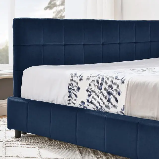 Alt view image 7 of 7 - Full Size Upholstered Daybed with High Headboard, Soft Velvet Upholstered Day Bed Frame with Comfortable Left Armrests, L Shaped Tufted Corner Sofa Bed for Bedroom, Living Room, Dark Blue