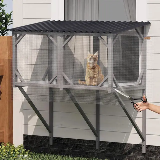 Alt view image 2 of 7 - Catio Outdoor Cat Enclosure Window, 44.5" Wooden Outdoor Cat Window Perch for Indoor Cats, Large Weatherpoof Pet House Cage Condo for Outside Sunbathing, Napping & OverlookingAntique Gray