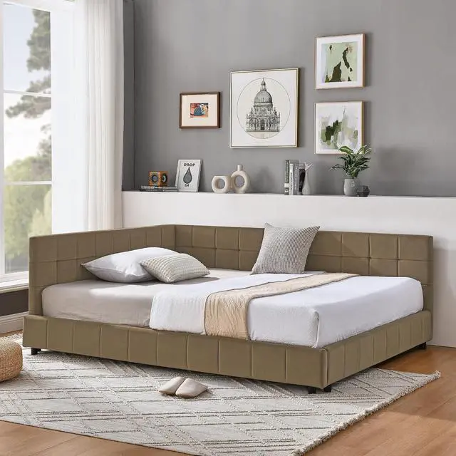 Alt view image 3 of 7 - Full Size Upholstered Daybed with High Headboard, Soft Velvet Upholstered Day Bed Frame with Comfortable Left Armrests, L Shaped Tufted Corner Sofa Bed for Bedroom, Living Room, Brown