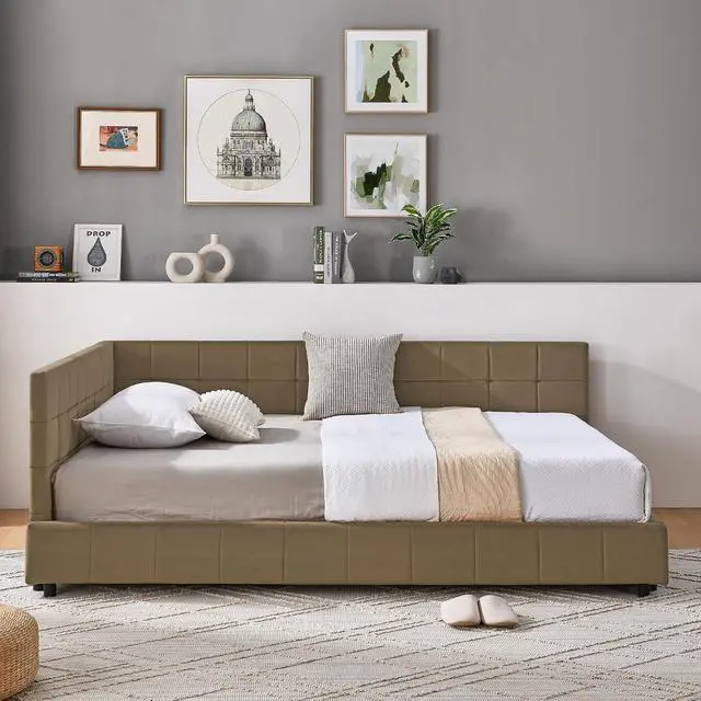 Alt view image 4 of 7 - Full Size Upholstered Daybed with High Headboard, Soft Velvet Upholstered Day Bed Frame with Comfortable Left Armrests, L Shaped Tufted Corner Sofa Bed for Bedroom, Living Room, Brown