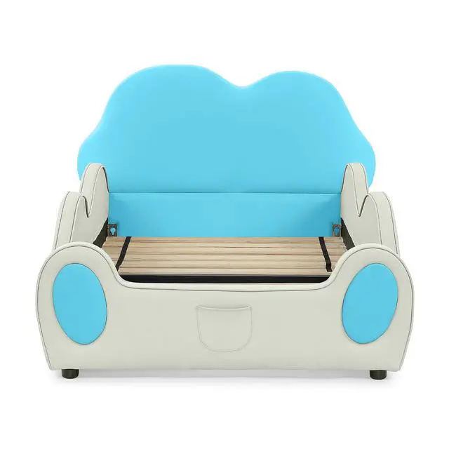 Alt view image 5 of 7 - Twin Size Floor Bed with Cute Cloud Shape, PU Leather Upholstered Platform Bed with Guardrails, Single Bedframe with Cartoon Design Safety Rail and Storage Pocket, Purple&Pink