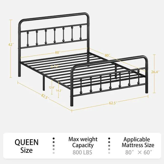 Alt view image 2 of 7 - Queen Size Metal Bed Frame,Platform Bedframe with Headboard and Footboard, Double Bed with Large Under Bed Storage, Strong Metal Slats, No Box Spring Needed, Black