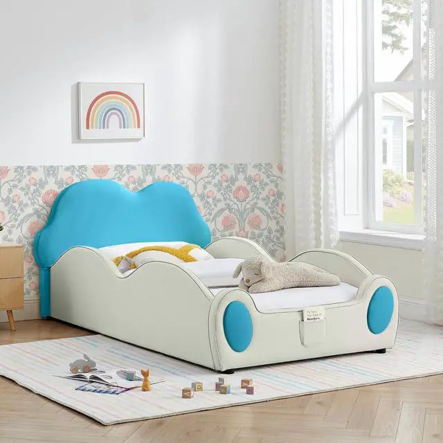 Alt view image 4 of 7 - Twin Size Floor Bed with Cute Cloud Shape, PU Leather Upholstered Platform Bed with Guardrails, Single Bedframe with Cartoon Design Safety Rail and Storage Pocket, Purple&Pink