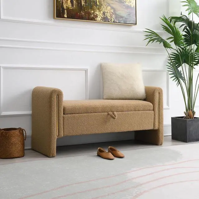 Alt view image 4 of 7 - Modern End of Bed Storage Bench, Teddy Upholstered Ottoman with Arms and Hidden Storage, 52.25" Large Footstool, Comfy Vanity Bench for Living Room,Bedroom, Dorm, Coffee