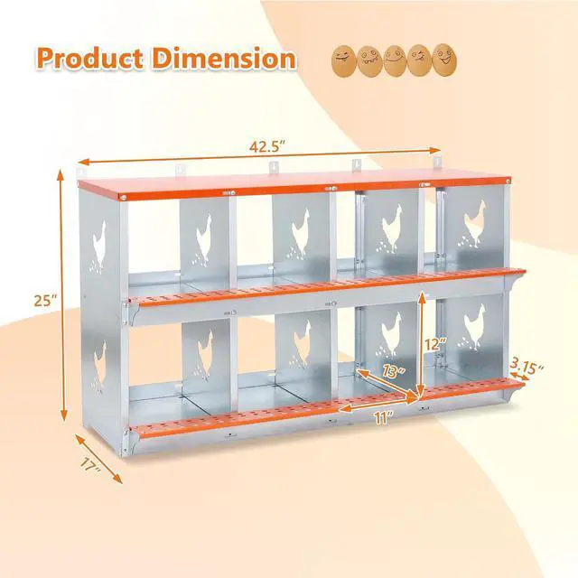 Alt view image 2 of 7 - Chicken Nesting Boxes, 8 Compartments Wall Mount Chicken Laying Boxes for Hens/Ducks, Metal Nest Box, Easy Egg Collection & Assembly, Large Vented Galvanized Steel Chicken Coop Equipment, Orange