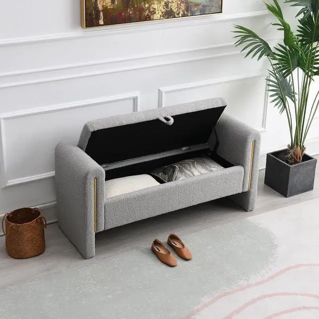 Main image of Modern End of Bed Storage Bench, Teddy Upholstered Ottoman with Arms and Hidden Storage, 52.25" Large Footstool, Comfy Vanity Bench for Living Room,Bedroom, Dorm, Grey