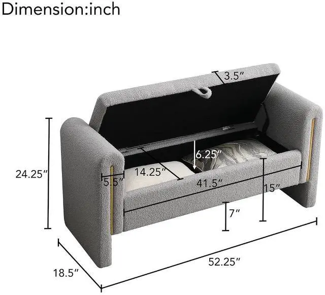 Alt view image 2 of 7 - Modern End of Bed Storage Bench, Teddy Upholstered Ottoman with Arms and Hidden Storage, 52.25" Large Footstool, Comfy Vanity Bench for Living Room,Bedroom, Dorm, Grey