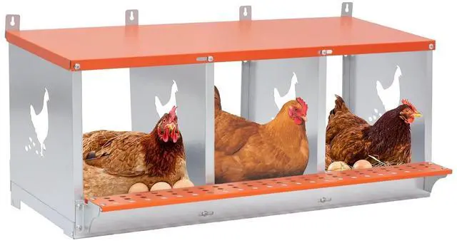 Main image of Chicken Nesting Boxes, 3 Compartments Wall Mount Chicken Laying Boxes for Hens/Ducks, Metal Nest Box, Easy Egg Collection & Assembly, Large Vented Galvanized Steel Chicken Coop Equipment, Orange