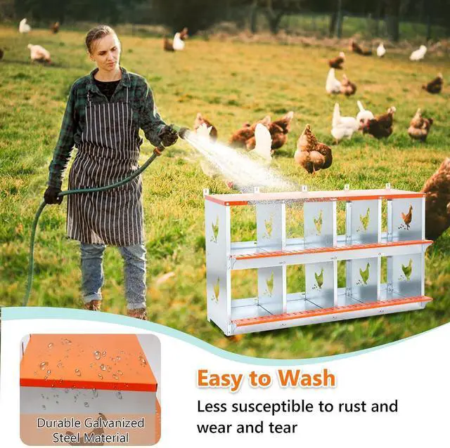 Alt view image 6 of 7 - Chicken Nesting Boxes, 8 Compartments Wall Mount Chicken Laying Boxes for Hens/Ducks, Metal Nest Box, Easy Egg Collection & Assembly, Large Vented Galvanized Steel Chicken Coop Equipment, Orange