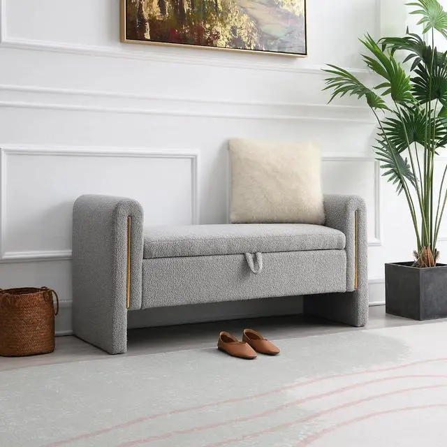 Alt view image 3 of 7 - Modern End of Bed Storage Bench, Teddy Upholstered Ottoman with Arms and Hidden Storage, 52.25" Large Footstool, Comfy Vanity Bench for Living Room,Bedroom, Dorm, Grey