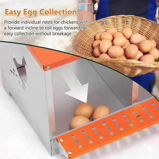 Alt view image 2 of 7 - Chicken Nesting Boxes, 3 Compartments Wall Mount Chicken Laying Boxes for Hens/Ducks, Metal Nest Box, Easy Egg Collection & Assembly, Large Vented Galvanized Steel Chicken Coop Equipment, Orange
