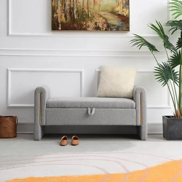 Alt view image 4 of 7 - Modern End of Bed Storage Bench, Teddy Upholstered Ottoman with Arms and Hidden Storage, 52.25" Large Footstool, Comfy Vanity Bench for Living Room,Bedroom, Dorm, Grey